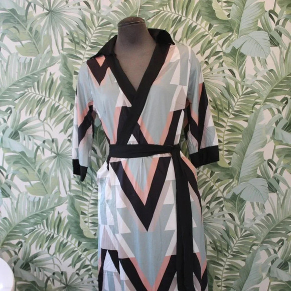 Fashion Long Sleeve V-Neck SHAPED Retro MCM Geometry Printed Wrap Midi Dress - Picture 3 of 7